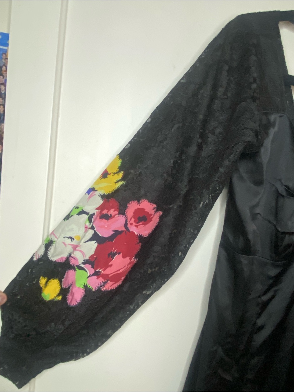 Topshop Black Satin Dress with Lace Floral Sleeves - Picture 2 of 7
